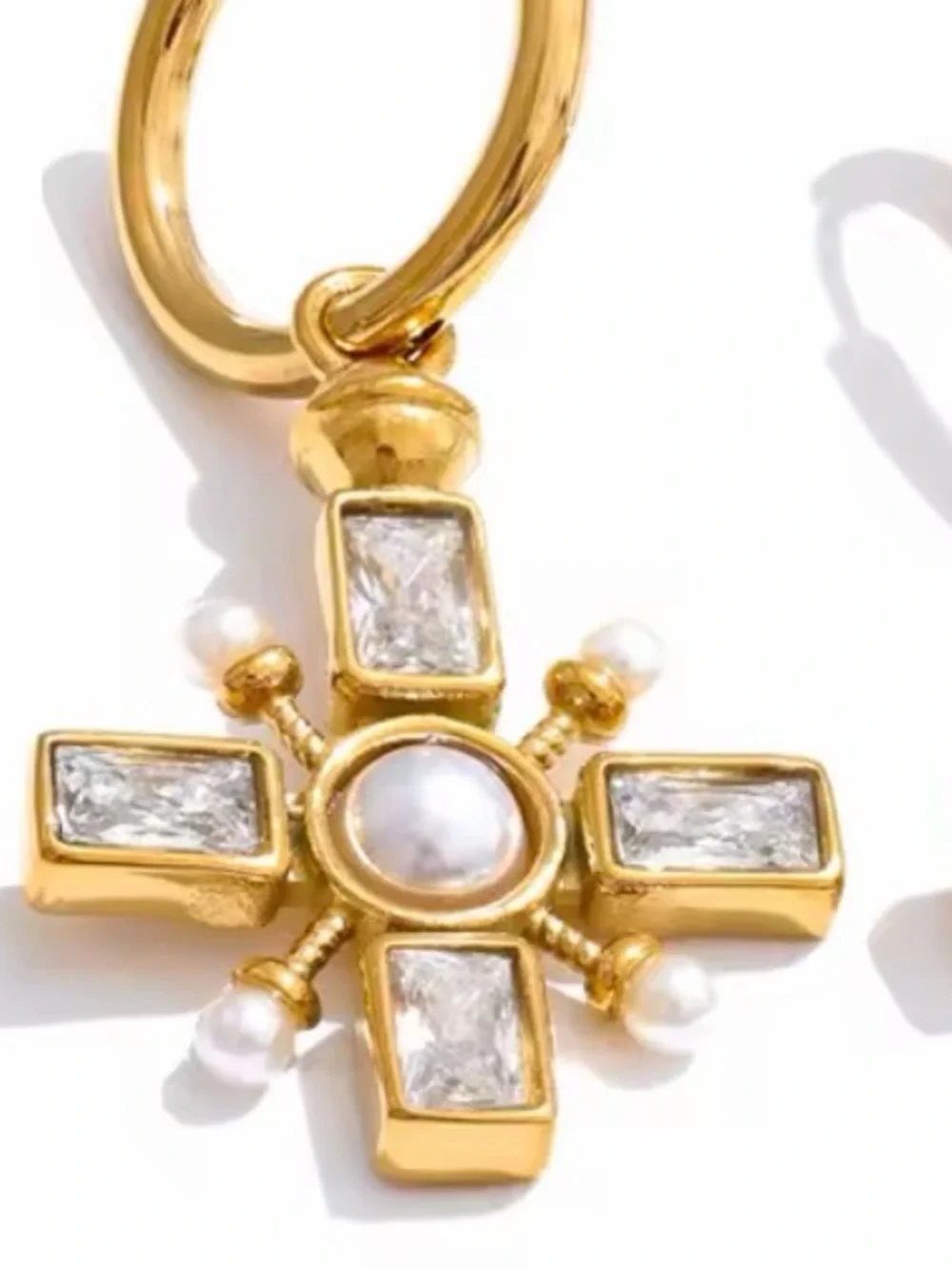 Gold plated Cross Hoop Earrings with Pearls and Crystals